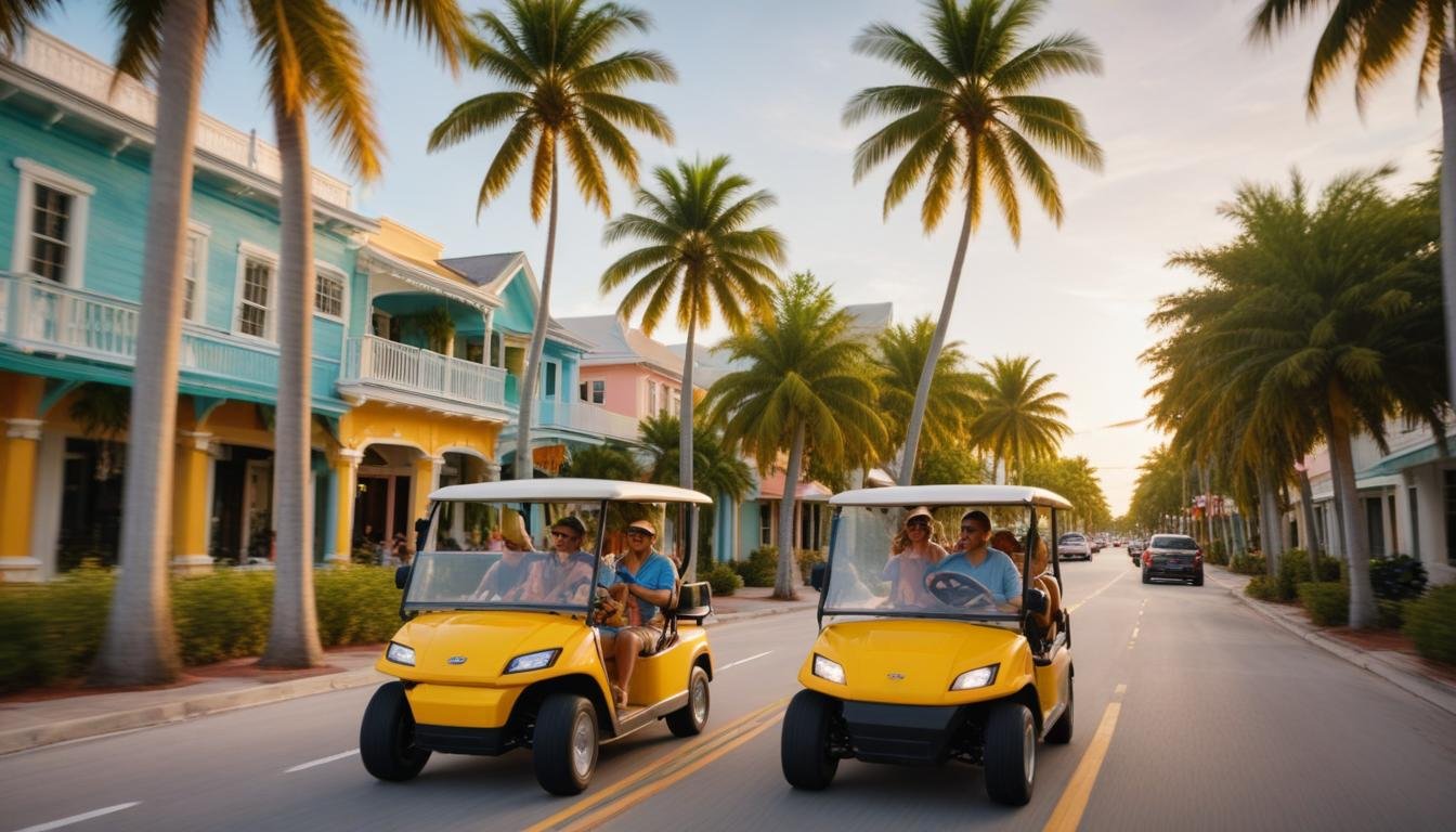 Family enjoying golf cart ride through Key West