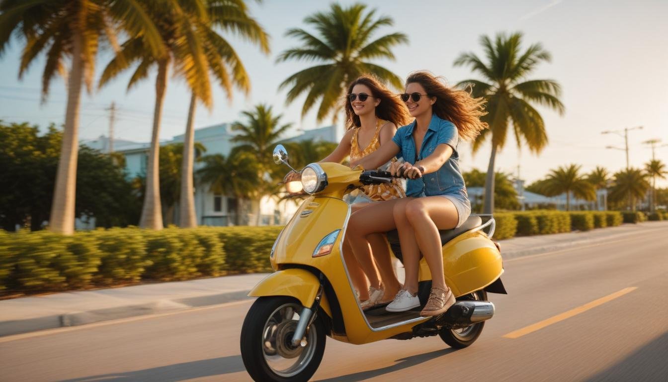 Couple riding scooter along the coast
